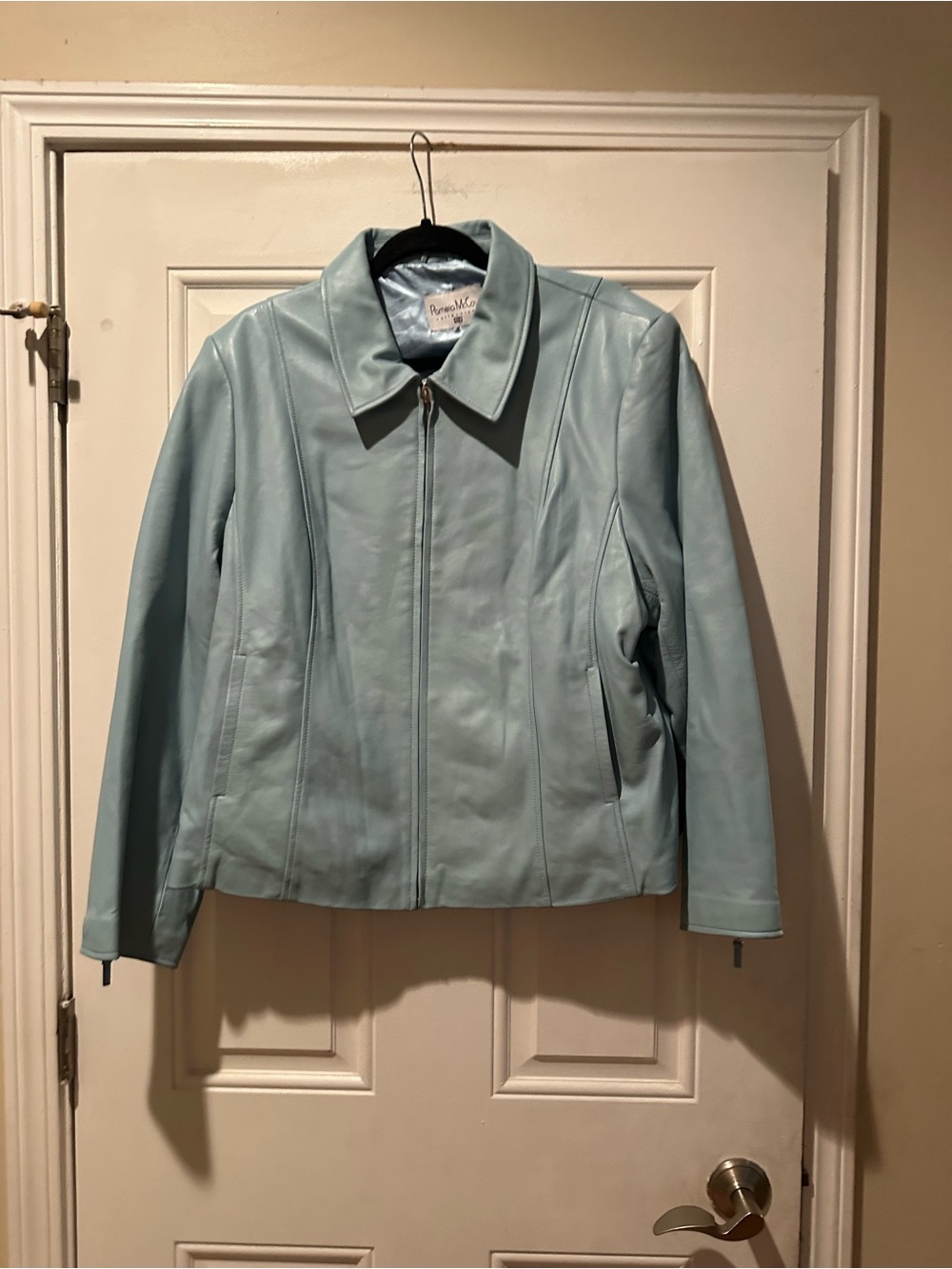 Pamela McCoy Pastel Blue Leather Zip-Front Jacket